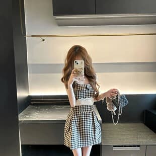 Korean Style Women Spring Summer Lace Trim Waistband Sleeveless Design Short Dress Sweet Girl Outfit Peter Pan Collar Plaid Vest Dress