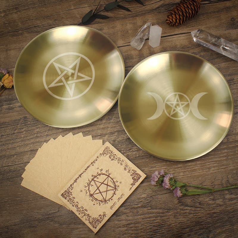 14cm Triple Moon Five-pointed Star Ornament Metal Candle Holder Display Plate Tarot Ritual Meditation Altar Steel Plate
