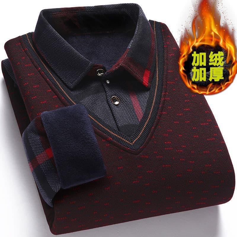 Winter Men's Wear Fleece Lined Thickened Fake Two-Piece Warm Shirt, Shirt Collar Middle-Aged Sweater Pullover New Arrival Knitwear Base Layer