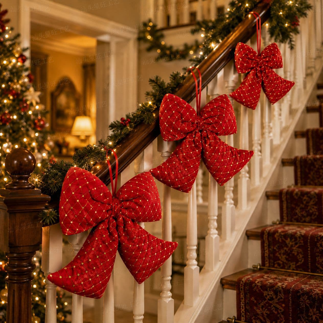 Christmas Staircase Bow Hanger, Nordic Home Scene Decor, Wre