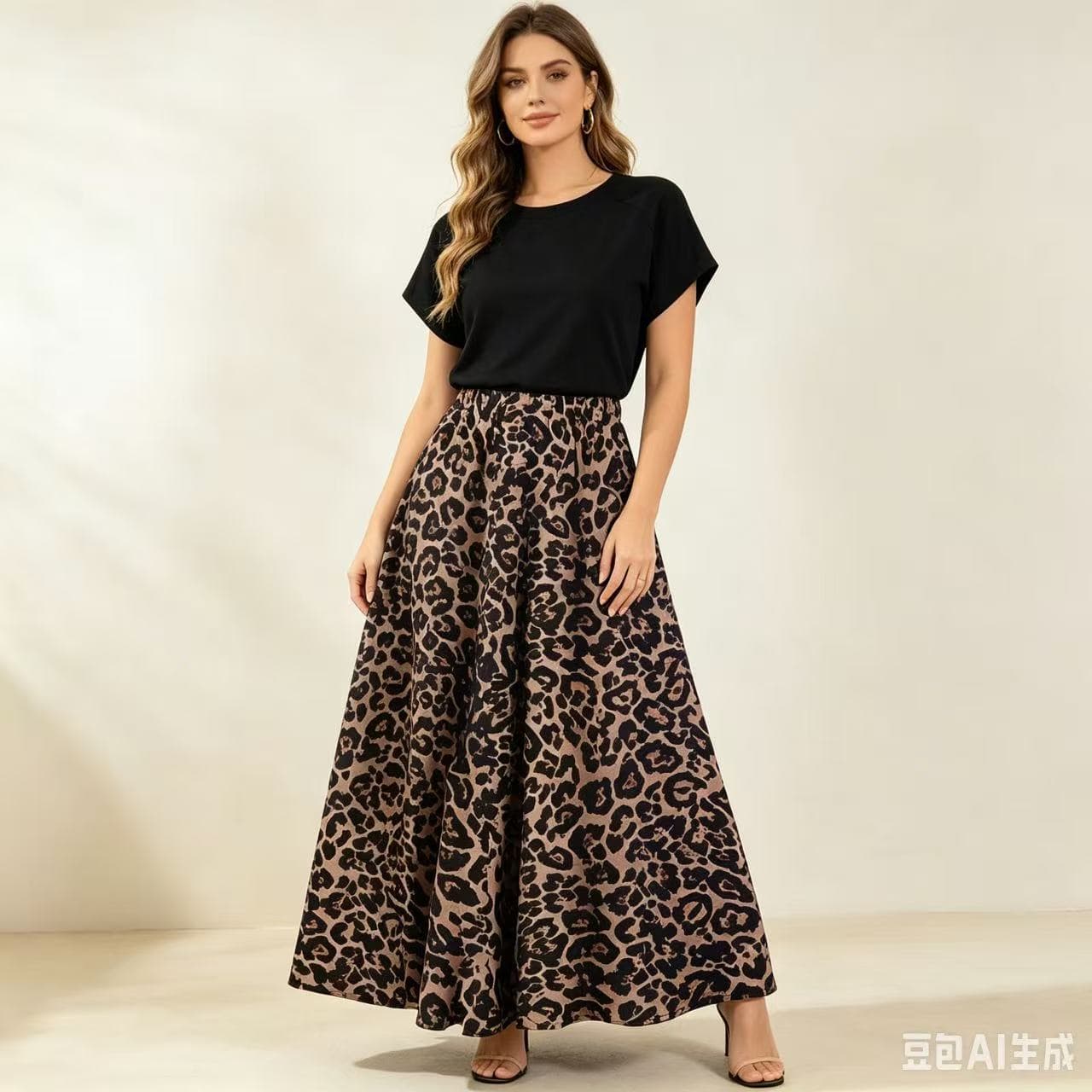 Vintage Leopard Print Two-Piece Set Black Round Neck Raglan Short Sleeve High-Waist Elastic Waist Flared Leopard Print Skirt
