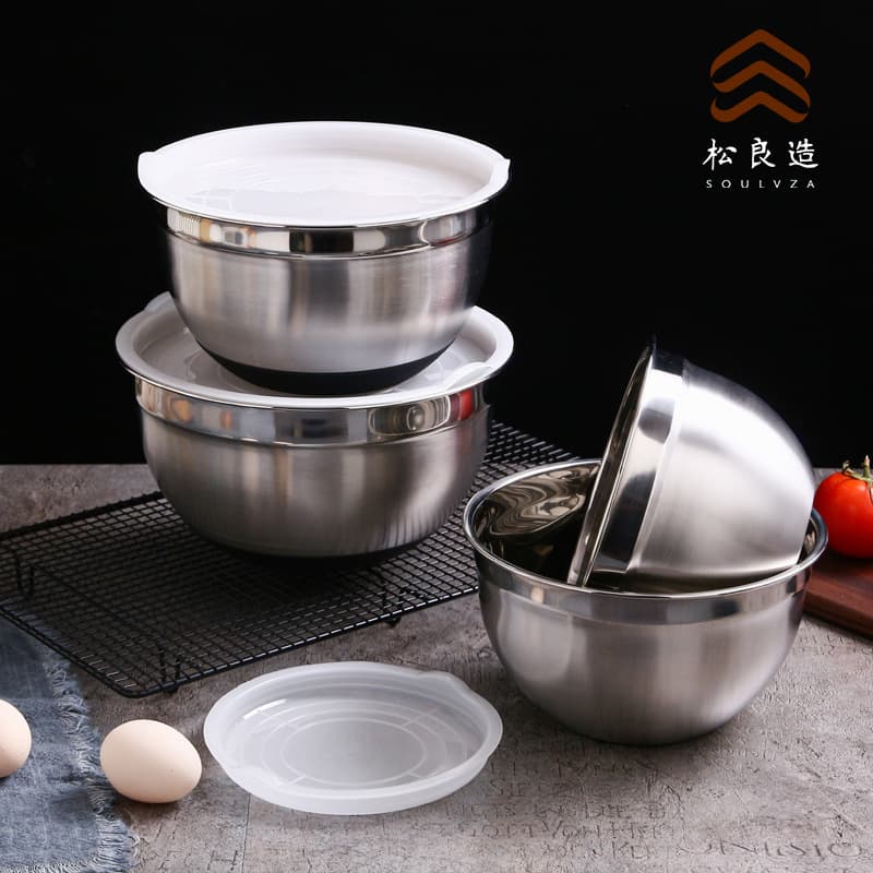 Thickened Stainless Steel Mixing Bowl with Silicone Base, Anti-Slip, with Lid, for Egg Beating, Salad, Baking, Wholesale