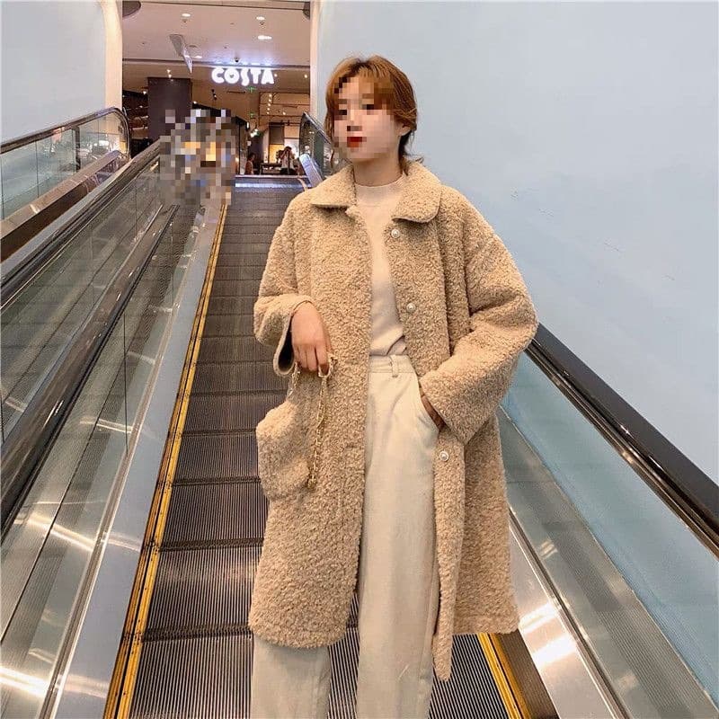 Winter Faux Lamb Wool Plush Coat for Women, Mid-Long New Korean Style Loose Versatile Thickened Coat with Free Bag