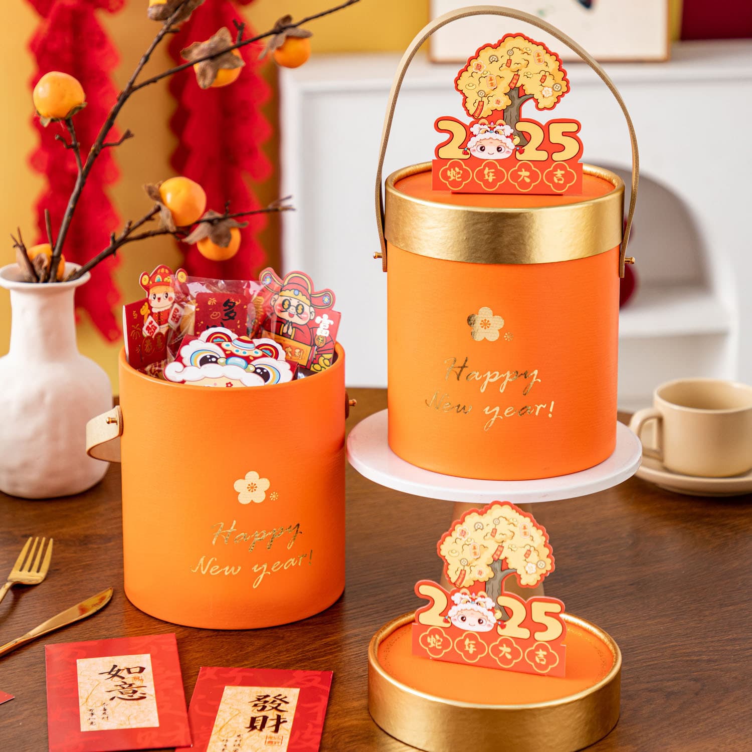 2026 New Year Gift Box Packaging Round Hug Bucket Horse Year High-End Gift Box New Year Snack Cookie Candy Handheld Empty Box