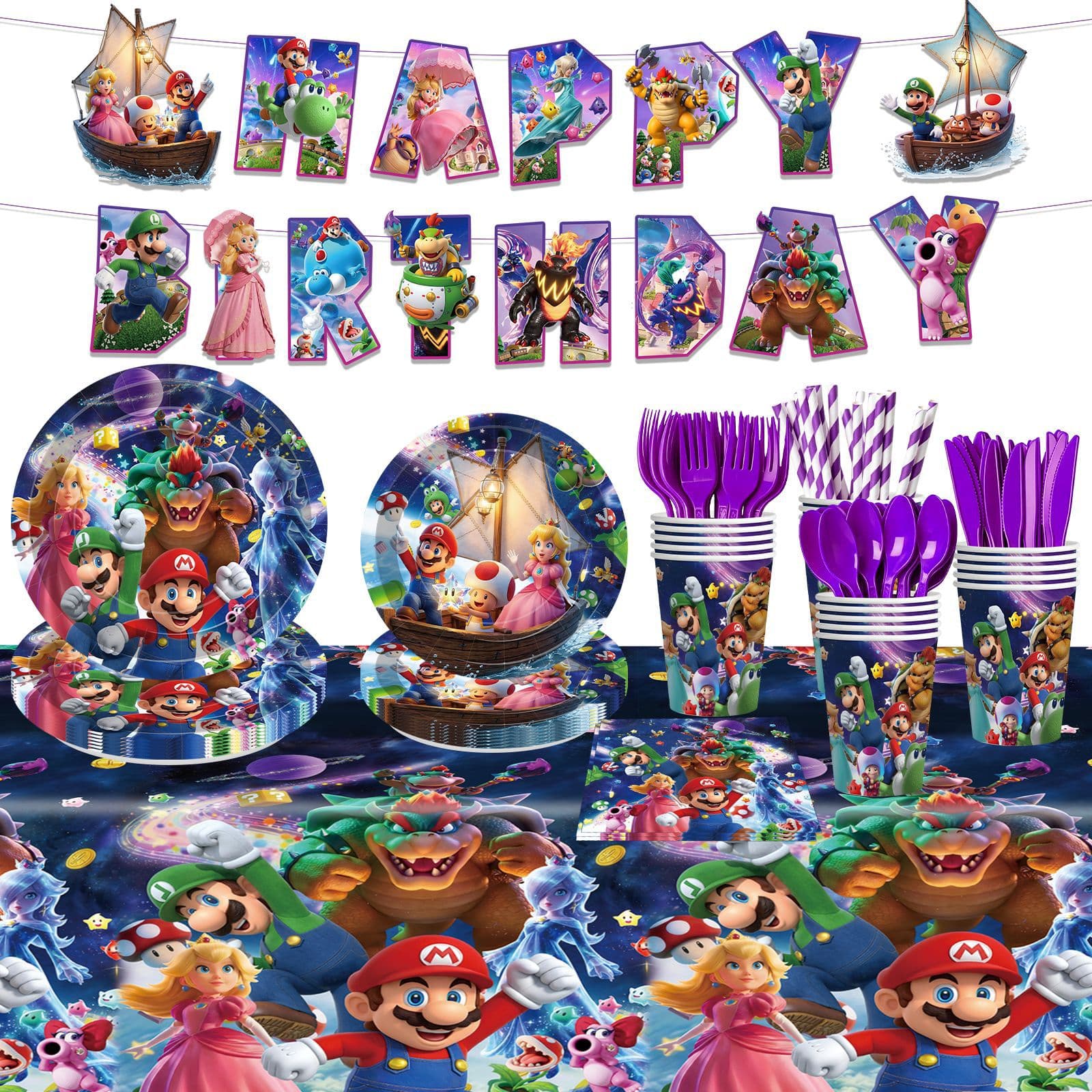 Mario Themed Birthday Party Decorations Super Mario Galaxy Movie Banner Napkins Plates
