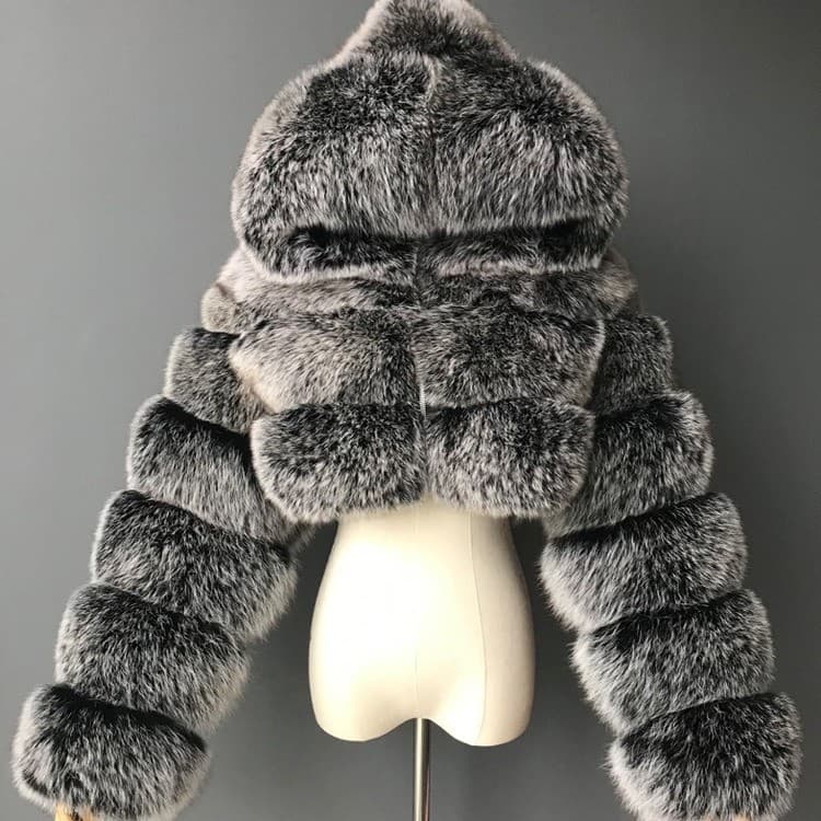 Cross-border Europe and America Faux Fur Jacket Short Hooded Faux Fox Fur Long Sleeve Patchwork Women's Coat In Stock