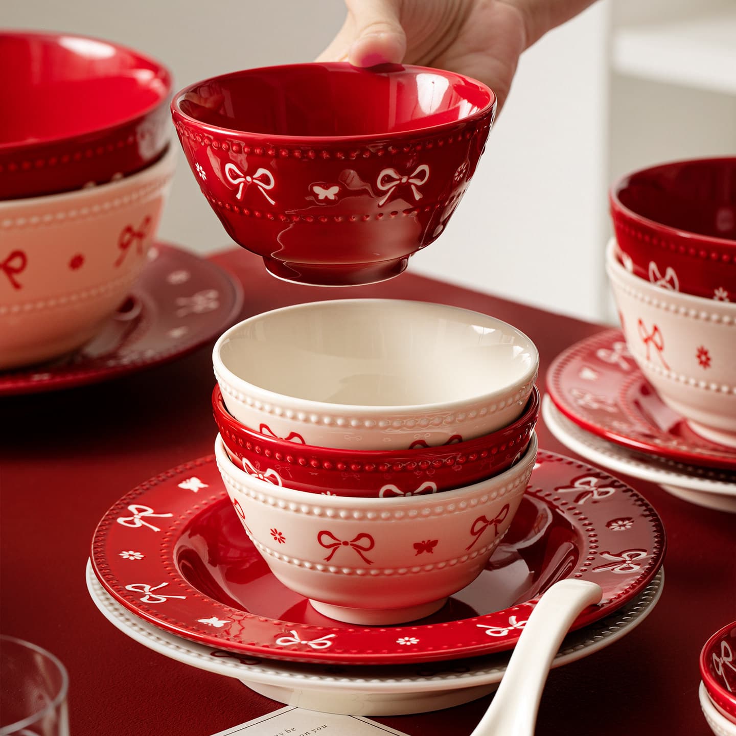 Bow ceramic tableware bowl household bowl and dish set wedding bowl single tableware bowl dish spoon chopstick combination