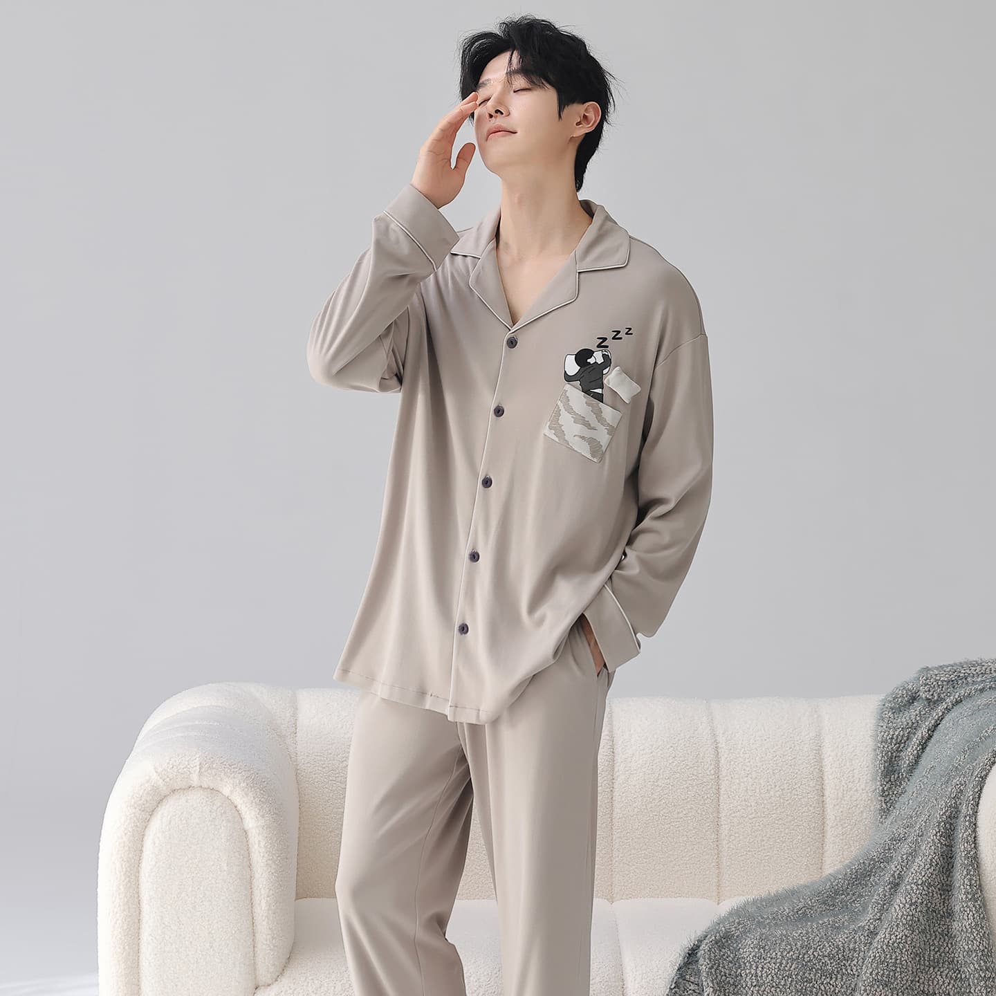 2026 Spring New Modal Pajama Men Long Sleeve and Pants Wearable Out Simple Turn-Down Collar Men's Homewear Set