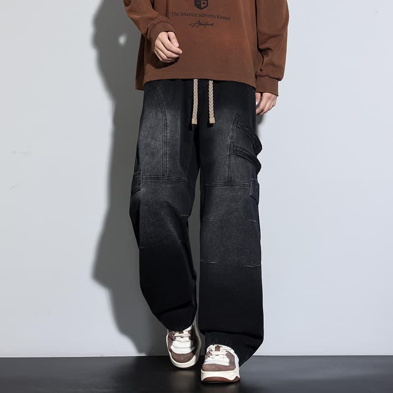 JYF-M8827 Retro cargo elastic jeans for men, 2025 autumn American wash loose straight-leg wide-leg.