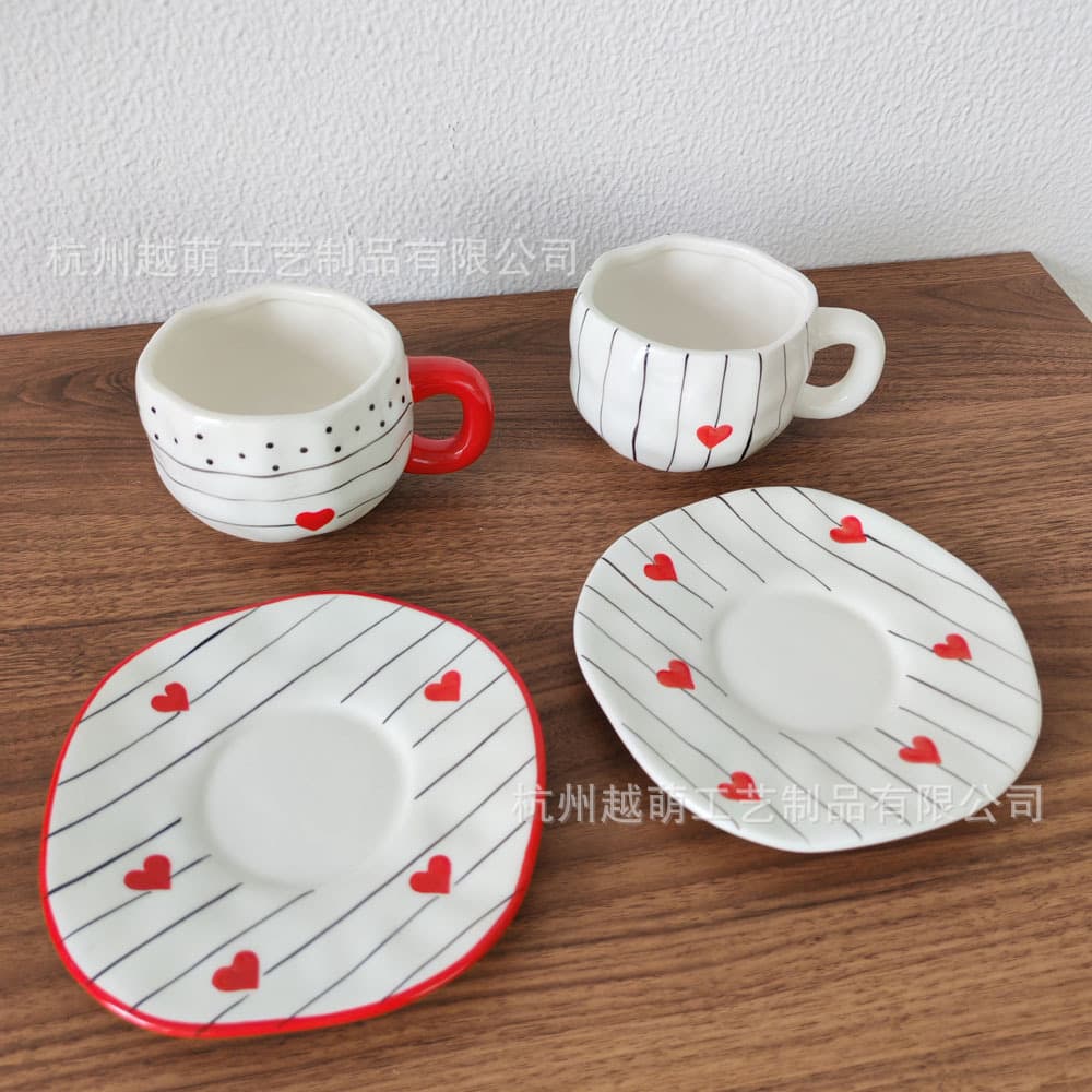 Hand-painted Heart Ceramic Coffee Cup and Saucer Set Heart-shaped Afternoon Tea Ins Style Irregular Mug Set Wholesale