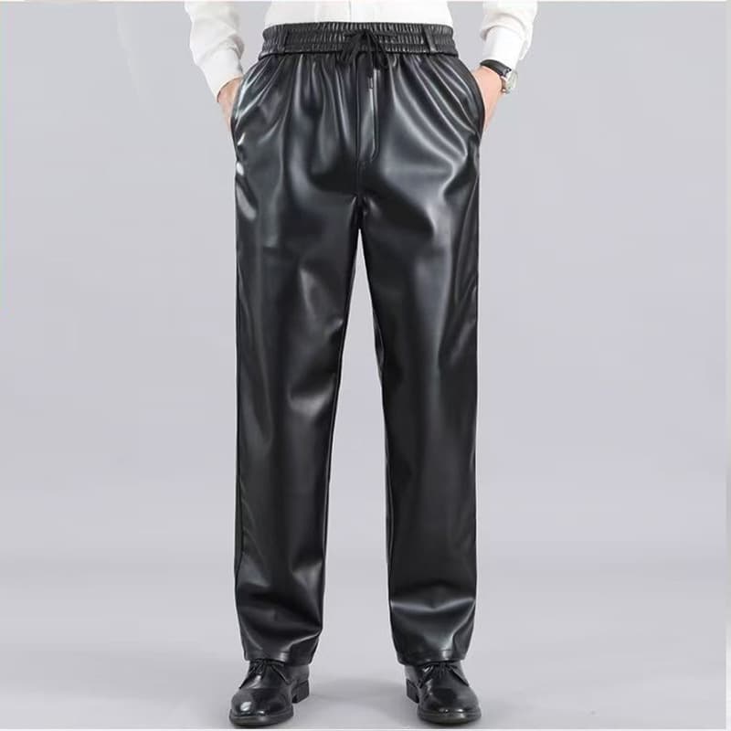 Winter Men's Leather Pants Elastic Waist Thickened Delivery Rider Windproof Waterproof Motorcycle Warm Leather Pants for Men