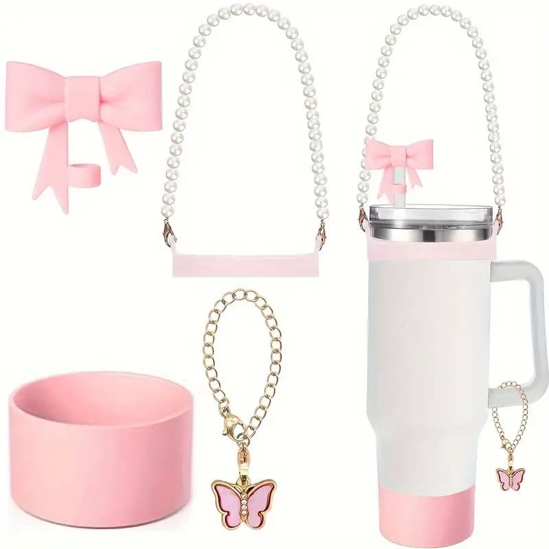 Cross-border Stanley Cup Chain Butterfly Pendant Water Bottle Decoration Pearl Cup Strap with Handle Rope Silicone Protective Cup Sleeve
