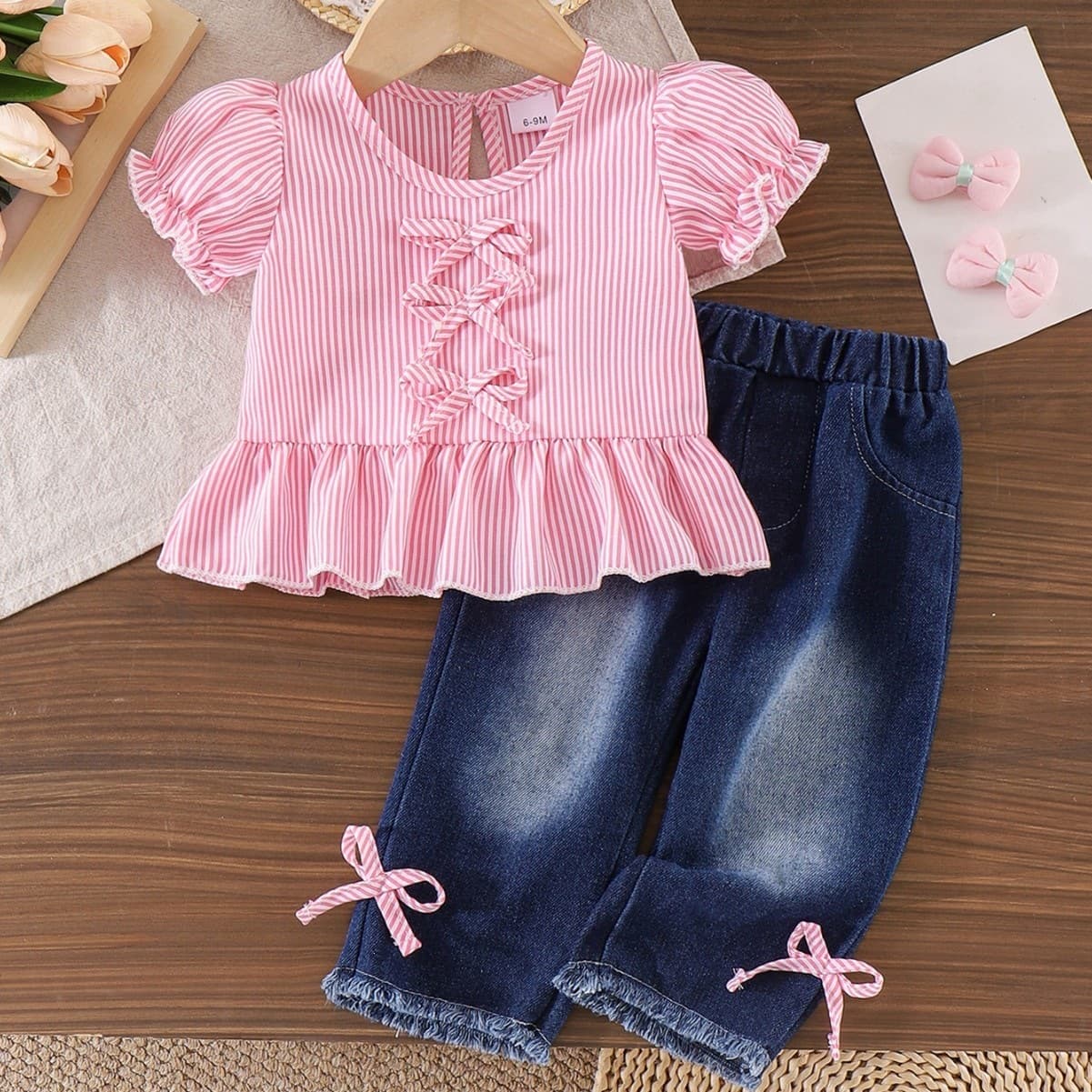 Baby Girls Clothes 0-3Y Summer Striped Bubble Sleeve Top + Denim Long Pants Set In Stock