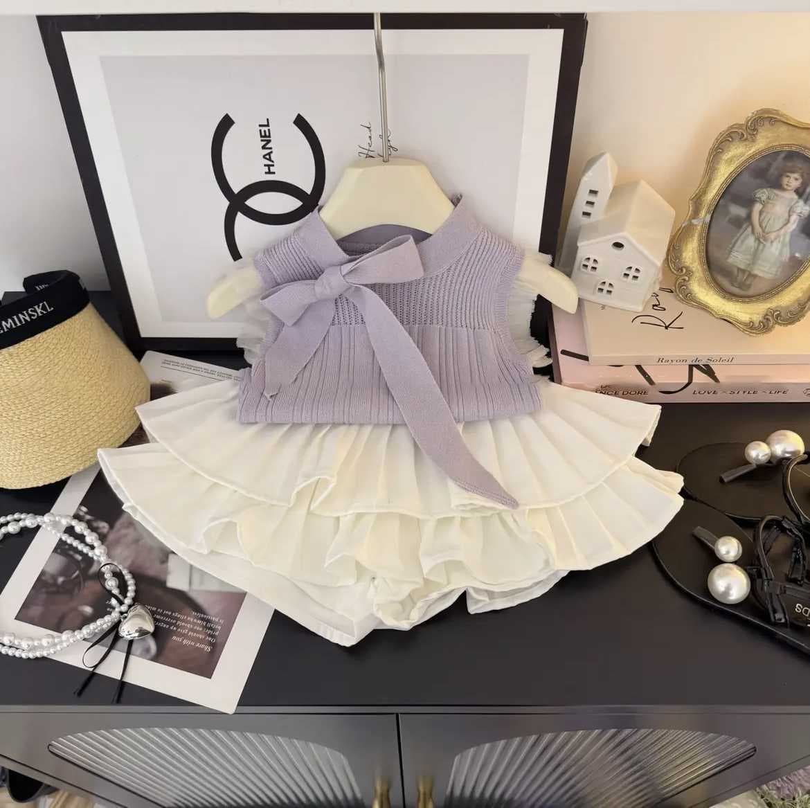 [Qixiaoqi] Girls and Children's Clothes Summer New Fashionable Sweet Taro Purple Bow Vest Cake Skirt Suit