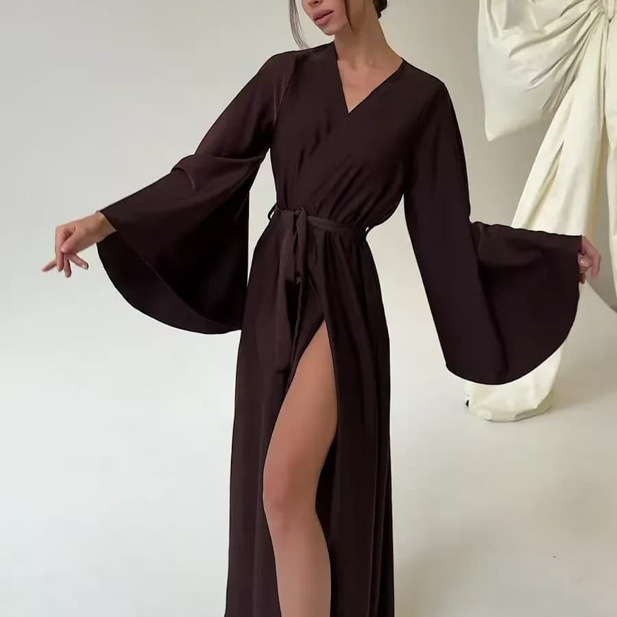 Women's Long Satin Robe with Tie Belt, Side Slit, Elegant and Comfortable Loungewear for Fall and Winter