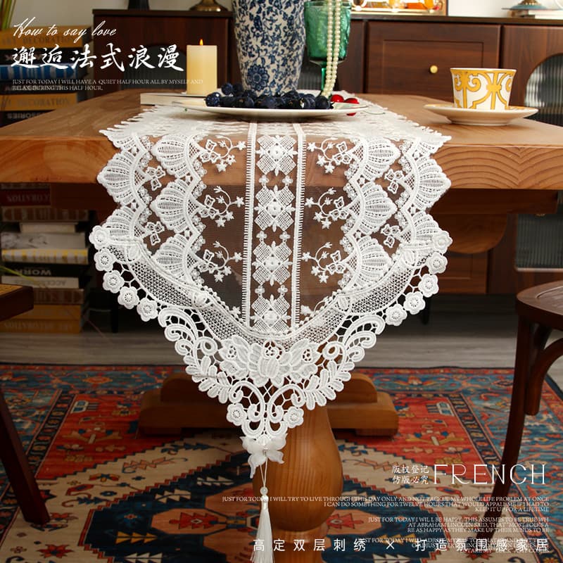 Elegant French Lace Table Runner Hollow Embroidery Sideboard Dining Table Coffee Table Decorative Cover Cloth TV Cabinet Dust Cover