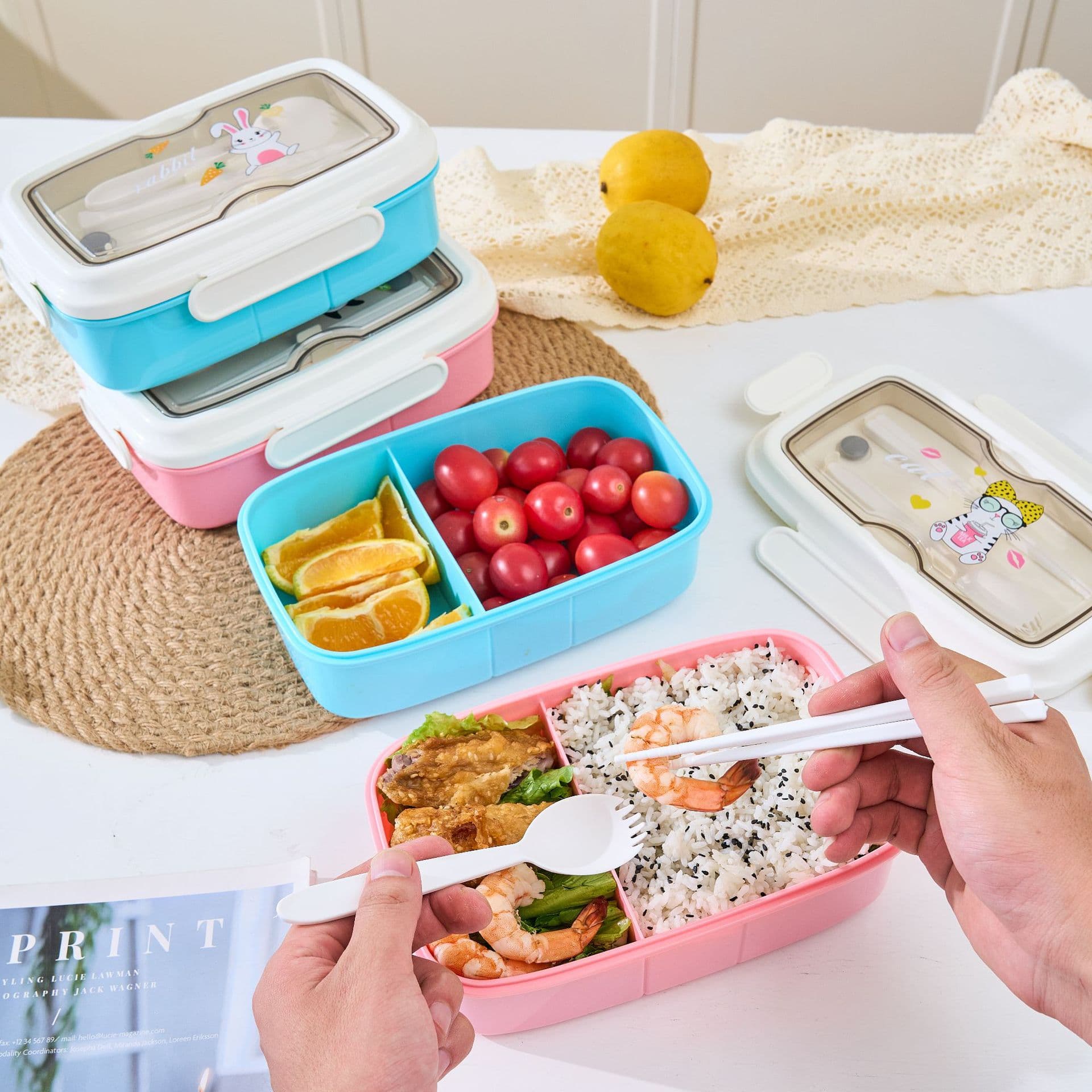 Plastic cartoon lunch box with cutlery rectangular printed divided lunch box office worker adult student fruit lunch box