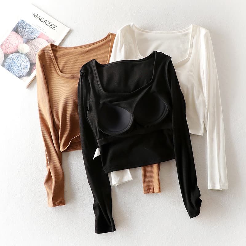 New Autumn Square Neck Crop Long Sleeve T-Shirt with Padded Bust Top, Women's Outer Wear Low Neck Slimming Versatile Base Layer