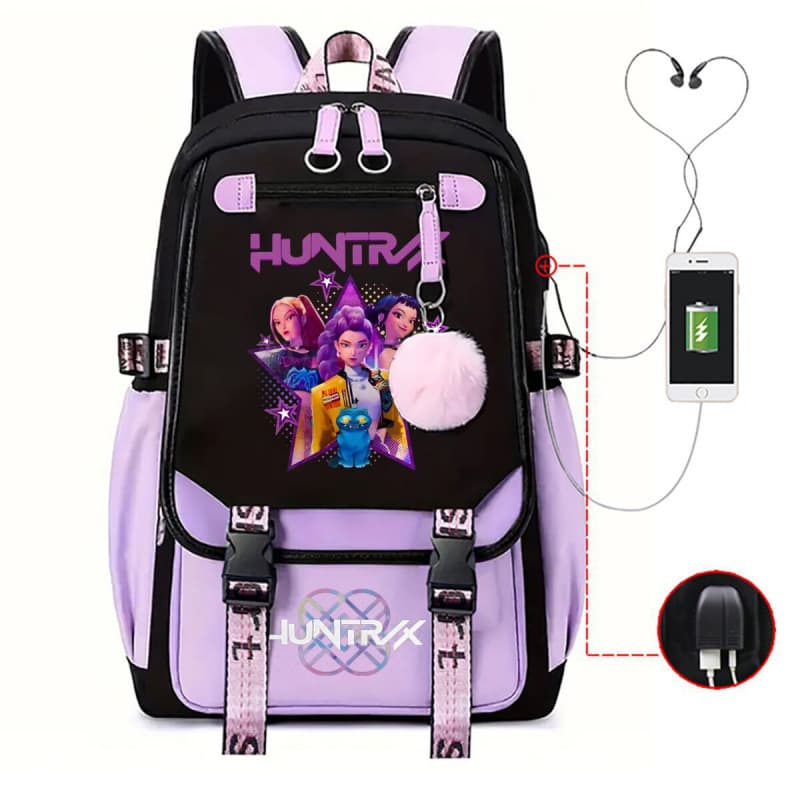 Kpop Anime Cartoon Print Color-Blocking USB Charging Fashion Backpack Cross-Border Large Capacity Korean Style Student School Bag