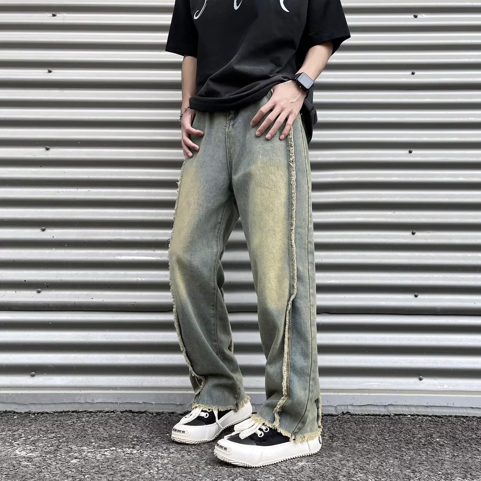 Ins High-Street Washed Vintage Muddy Yellow Jeans for Men, Frayed Hem Patchwork Design, Loose Wide-Leg Long Pants, Drop Shipping