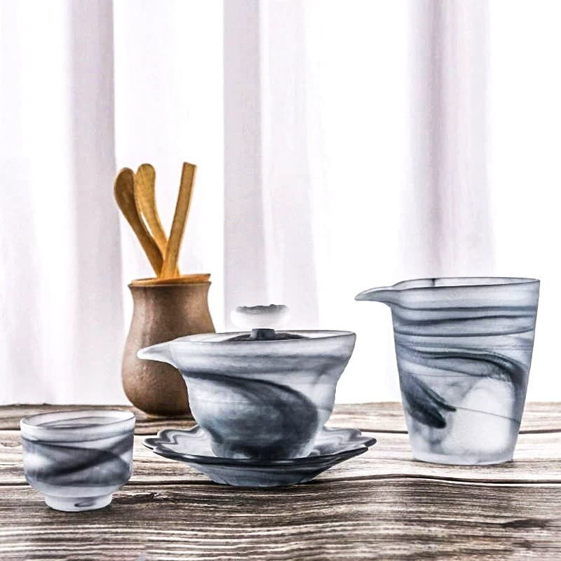 Tea Tasting Cup Ink Wash Glazed Gaiwan Tea Set Kung Fu Tea Set Tea Tray Water Separation Chinese Trendy Blue and White