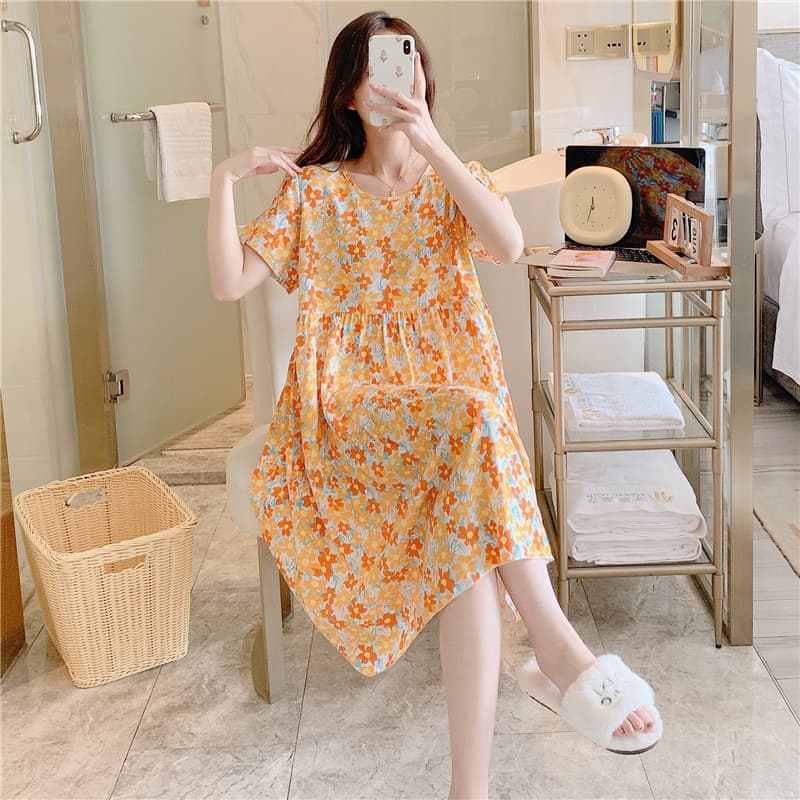 Women's Cotton Silk Nightgown, Short Sleeve, Plus Size, High-End Printed, Maternity Sleepwear, Wearable Outside, Long Style, Export Quality