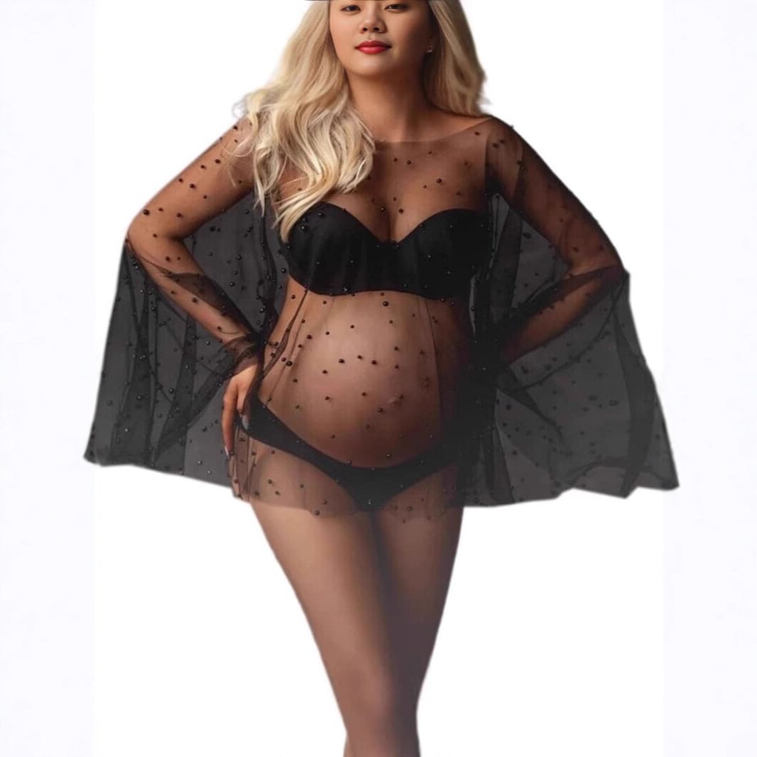 Pearl Mesh Shawl for Maternity Photo Shoot, Sheer Top, Half Skirt, Round Neck Mesh Dress, Beach Dress