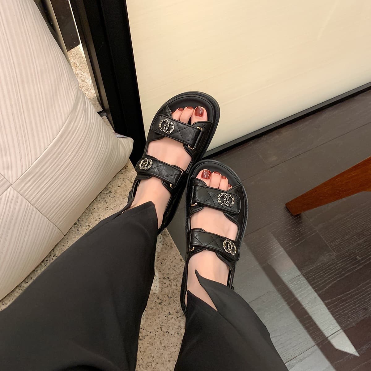 Hot Sale Of The Season Summer New Roman Style Thick Heel Slip-On Sandals Women's Black Genuine Leather Sport Flat Shoes Easy Wear
