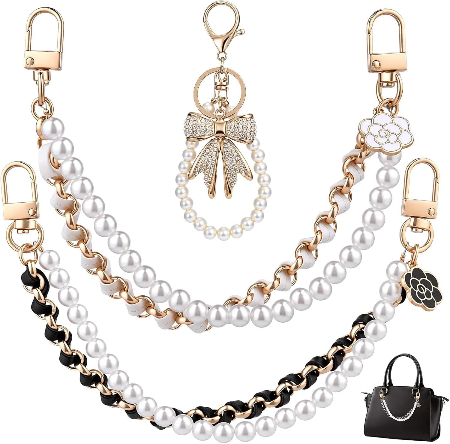 Foivieide 4-Piece Purse Charm Set — 2 Pearl Chains, White