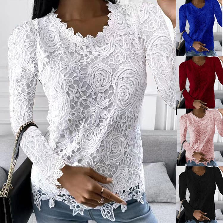 Independent Site Amazon WISH Hot-Selling European & American Women's Clothing Autumn & Winter New Style Lace Long Sleeve Top