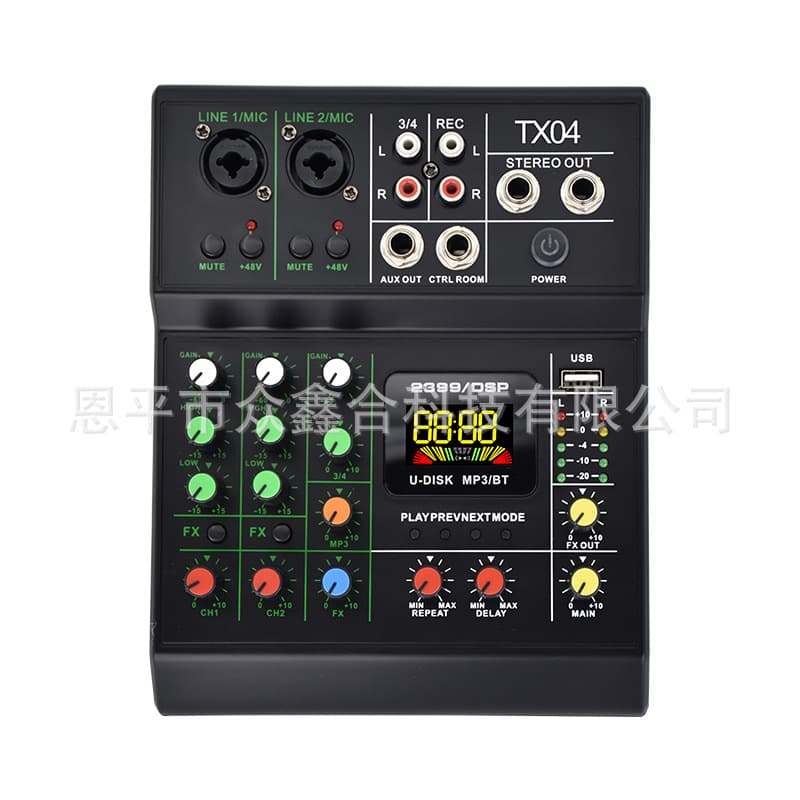 2024 New Small 4-Channel Mixer Live Recording Podcast Audio K Song Mixer with Reverb TX04