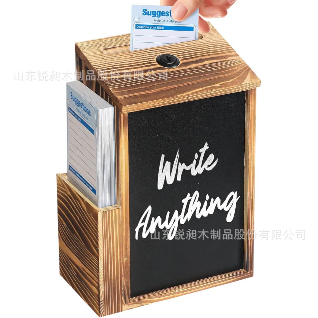 Retro Wooden Mailbox with Donation Notice, Wall-mounted Suggestion Box with Blackboard, Lockable Voting Box