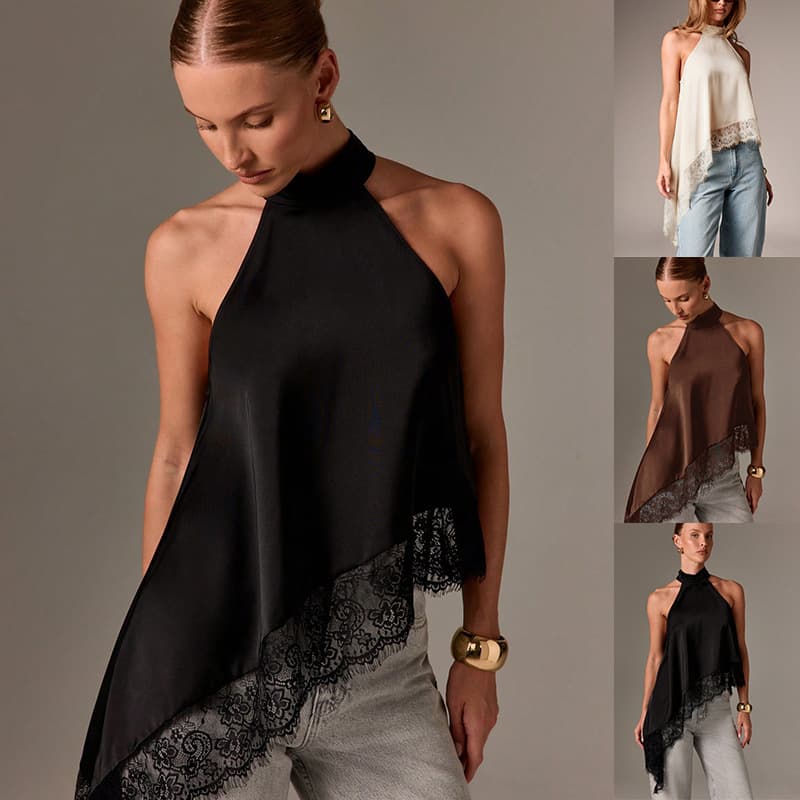 2026 Cross-border European and American Women's Fashion Amazon Summer Sleeveless Satin Camisole with Lace Trim Halter Top