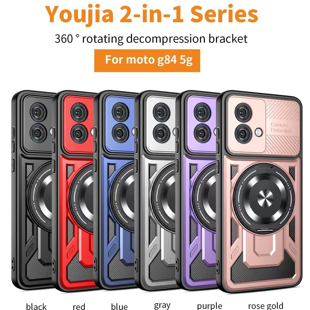Compatible with MOTO G84 Youjia Phone Case G54 Rotating Stress Relief 360 Stand Magnetic 2-in-1 Drop-Resistant Protective Cover