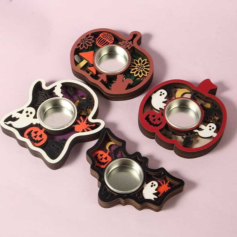 Cross-border New Heart Butterfly 5-Layer Wooden Candle Holder Holiday Party Decoration Desktop Ornament Halloween Candle Holder
