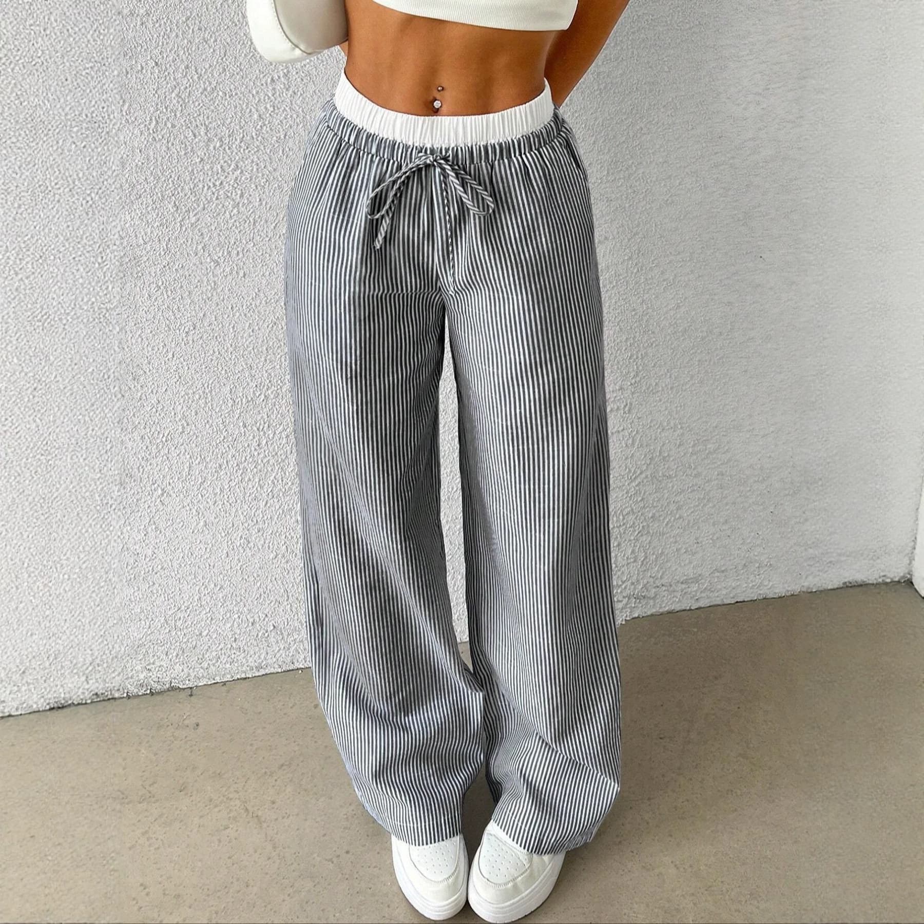 European and American Foreign Trade Amazon Slimming Color-Blocking Personalized Loose Printed Drawstring Straight-Leg Pants for Women Street Style High Waist