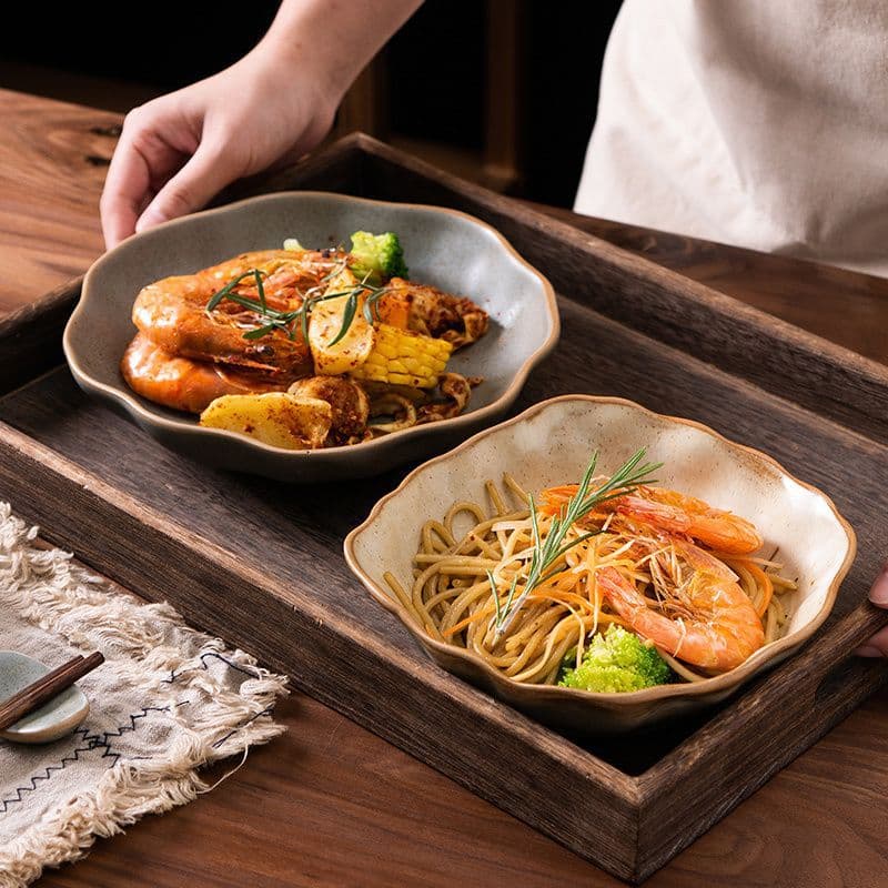 Japanese retro plates and bowls home dishes 2022 new large dinner plates salad plates deep plate stoneware tableware high-end