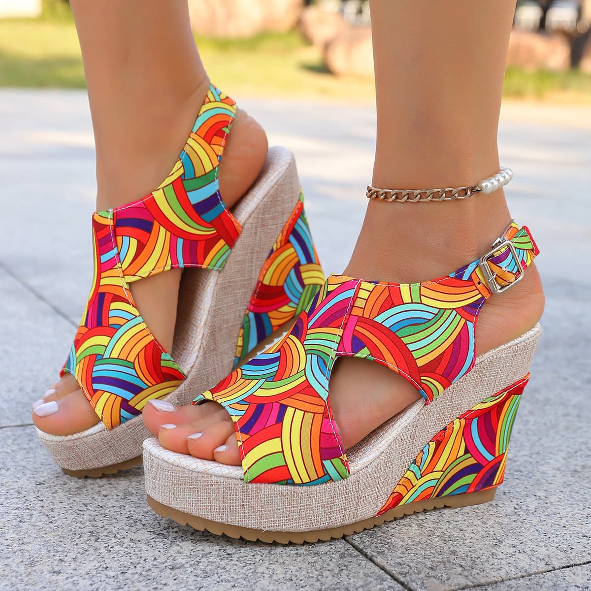 New Summer Export Large Platform Sandals Colorful Peep Toe High Heel Buckle Sandals European and American Fashion Roman Sandals