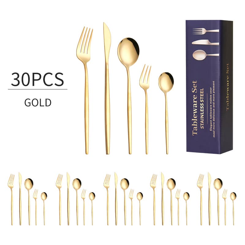Cross-border Stainless Steel Portuguese Knife Fork 30-Piece Set Western Gold Steak Knife Fork Spoon Luxury Gift Box Set