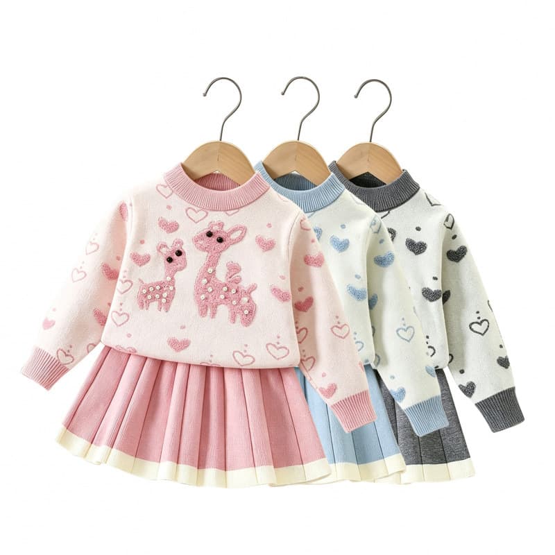 Girls Autumn Winter Sweater Knit Set Korean Style Cartoon Deer Pullover Round Neck Baby Girl Pleated Skirt Two-Piece Set
