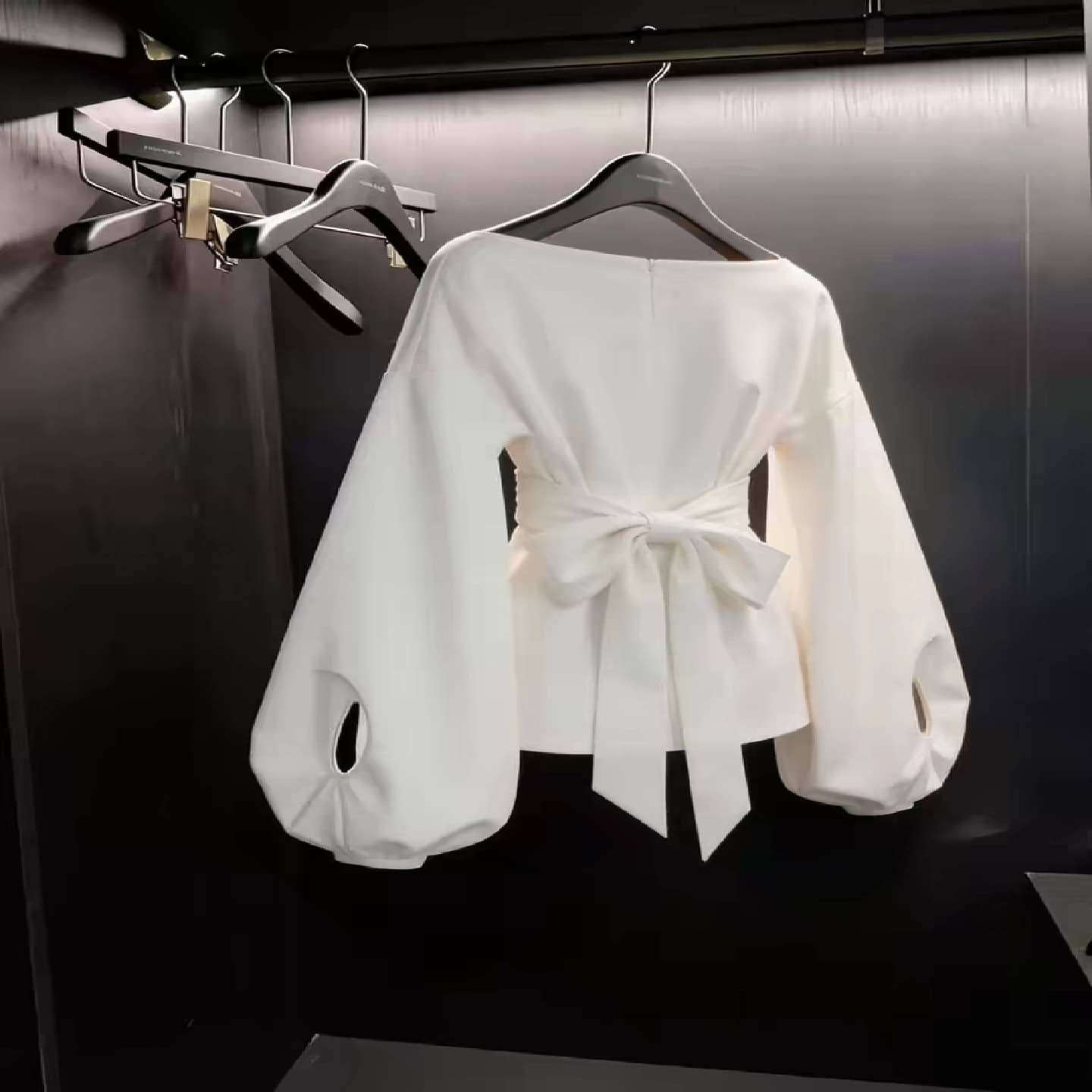 French Design White Lantern Sleeve Tie Waist Blouse for Women, Elegant Commuter Top, Stylish and Unique