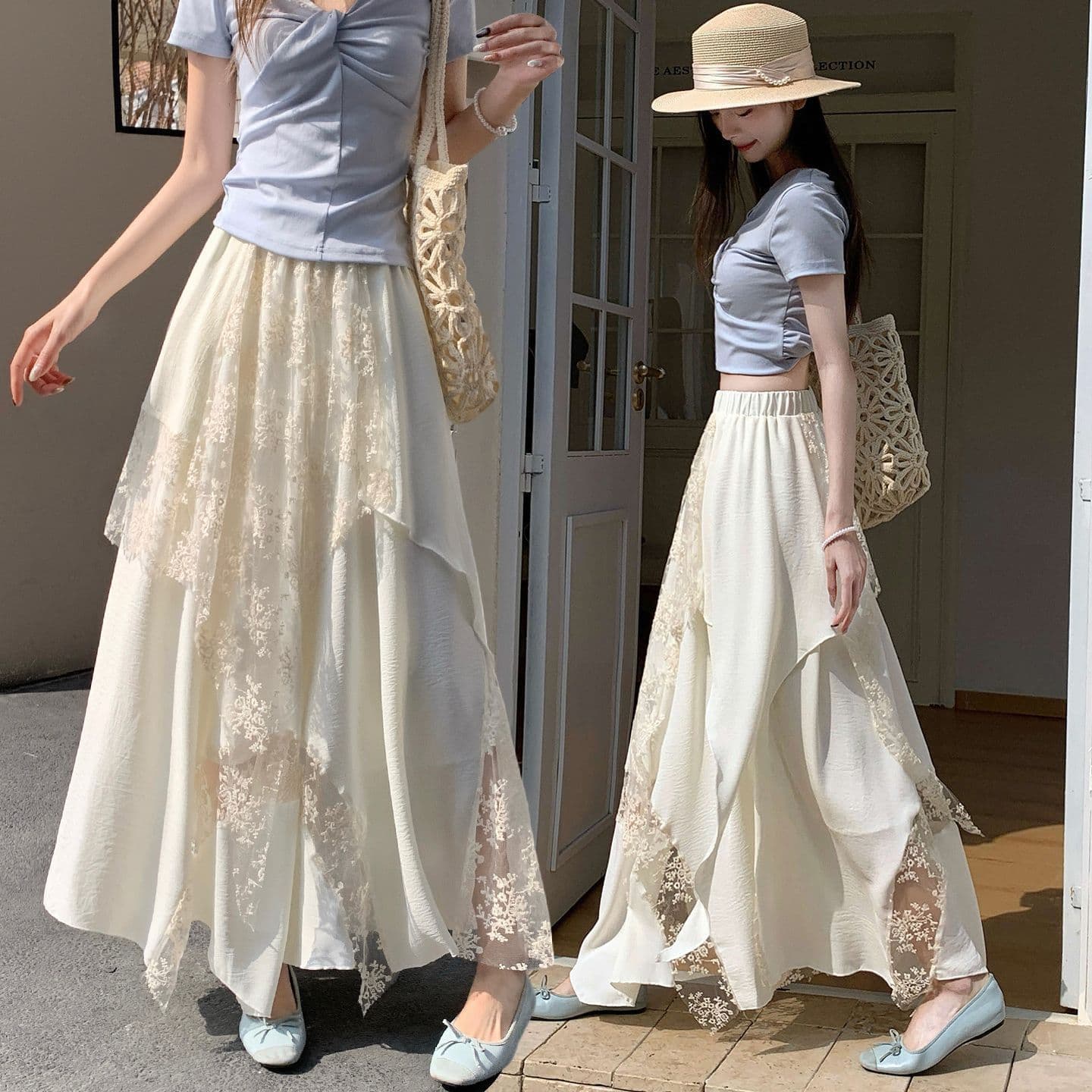 White skirt heavyweight irregular lace summer women's plus size design sense a line maxi skirt cake skirt