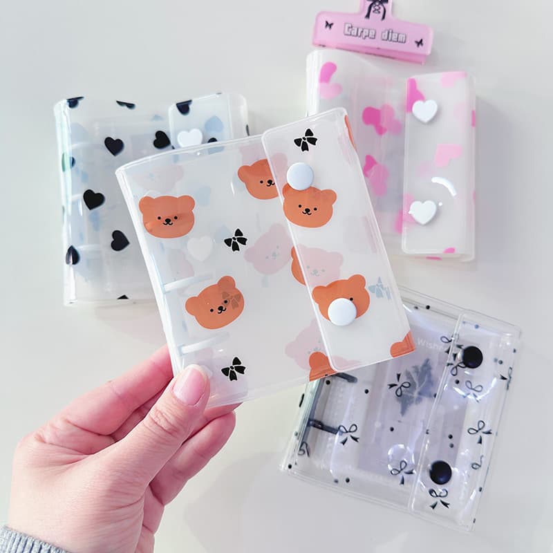 Milky white bear double-button 3-hole mini card holder A8 sparkly 3-inch single-compartment storage photo album zipper bag loose-leaf notebook
