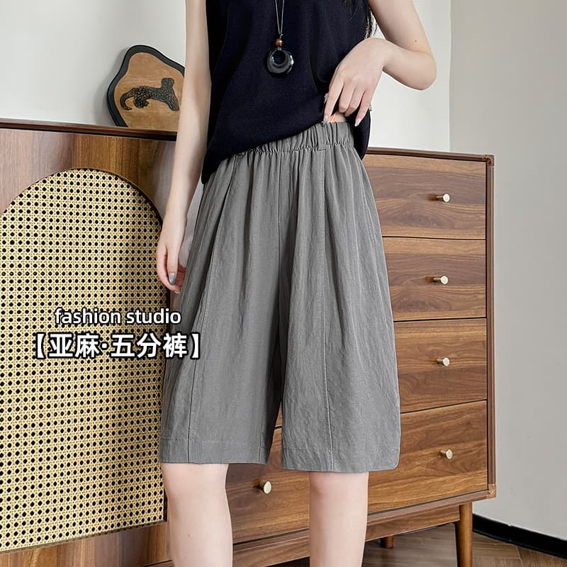 Washed Tencel linen wide-leg pants for women, summer thin, high-waisted, loose, slim, mid-length pants, old money style cotton and linen shorts