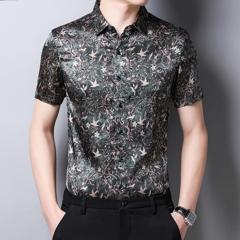 Mulberry Silk Short Sleeve Shirt for Men Heavyweight High-Grade Silk Fabric Half-Sleeve Ice Silk Trendy Printed Shirt Men's Fashion