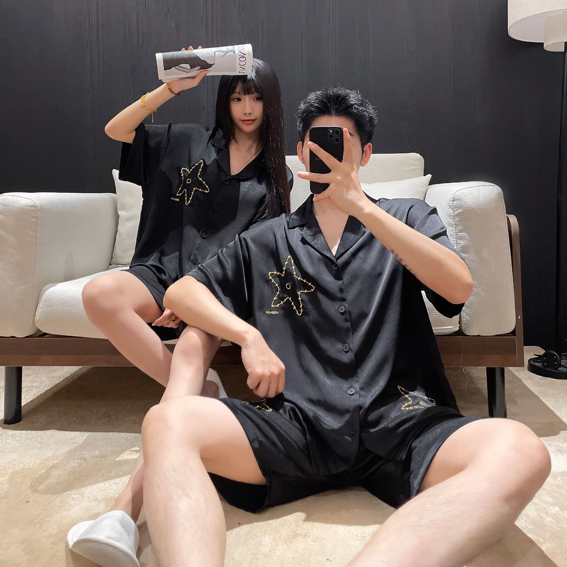 Premium Cool Black Star Summer Short Sleeve Couple Ice Silk Pajamas Women's Thin Silk Homewear Men's Set