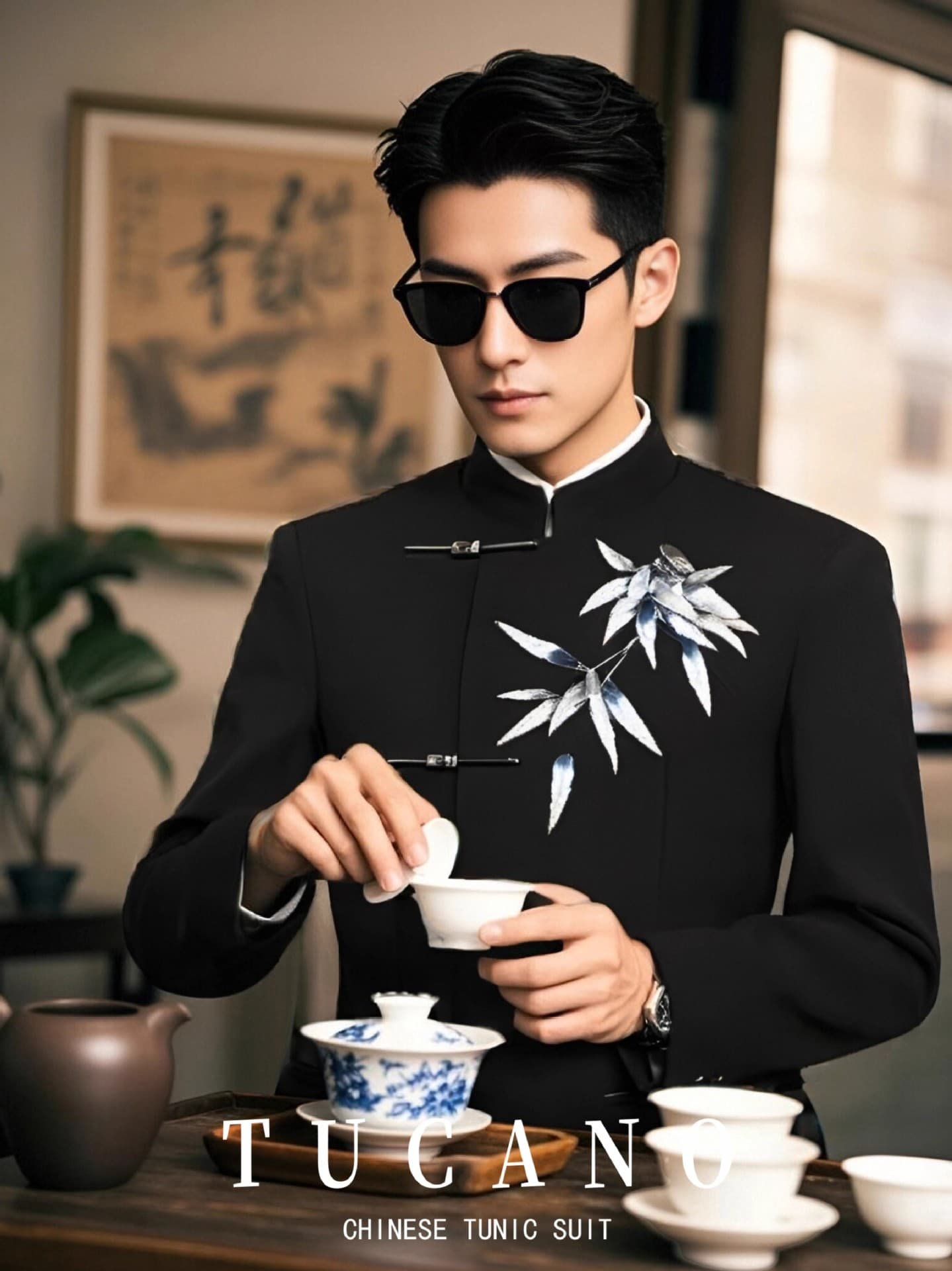 New Chinese Style National Trend Men's Loose Bamboo Print Shoulder-Padded Jacket Mandarin Collar Suit Set Top