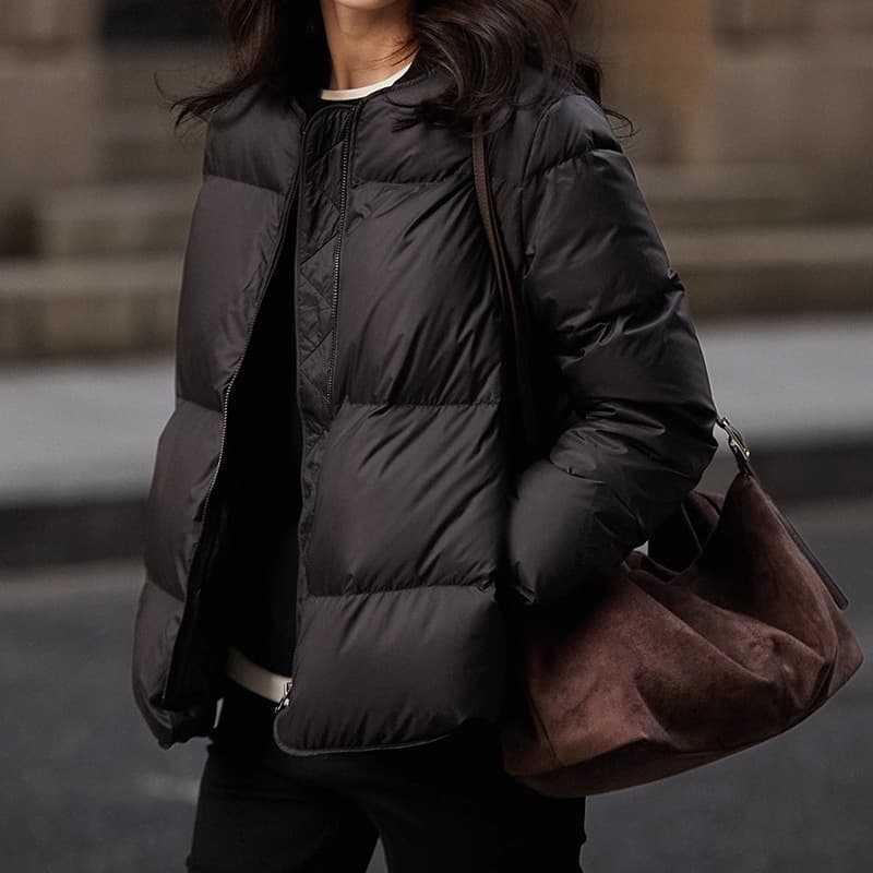 Classic White Goose Down Black Short Down Jacket - Baseball Jacket Style - Pinghu High-End Lightweight Women's Down Jacket