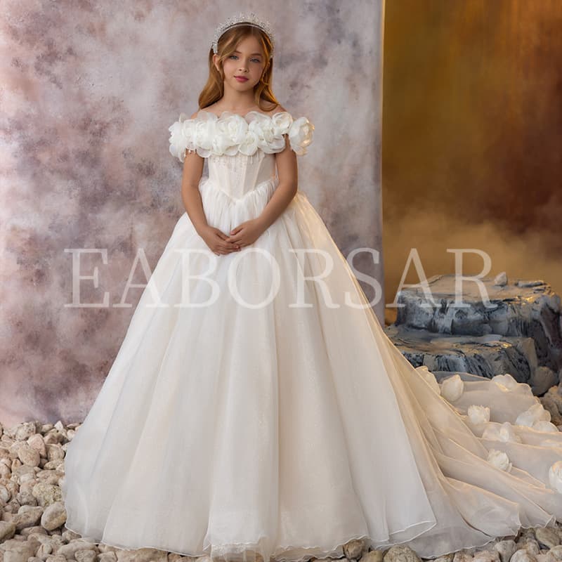 European and American Flower Girl Wedding Dress 2026 New Tulle Train White Performance Dress for Older Children Amazon Drop Shipping