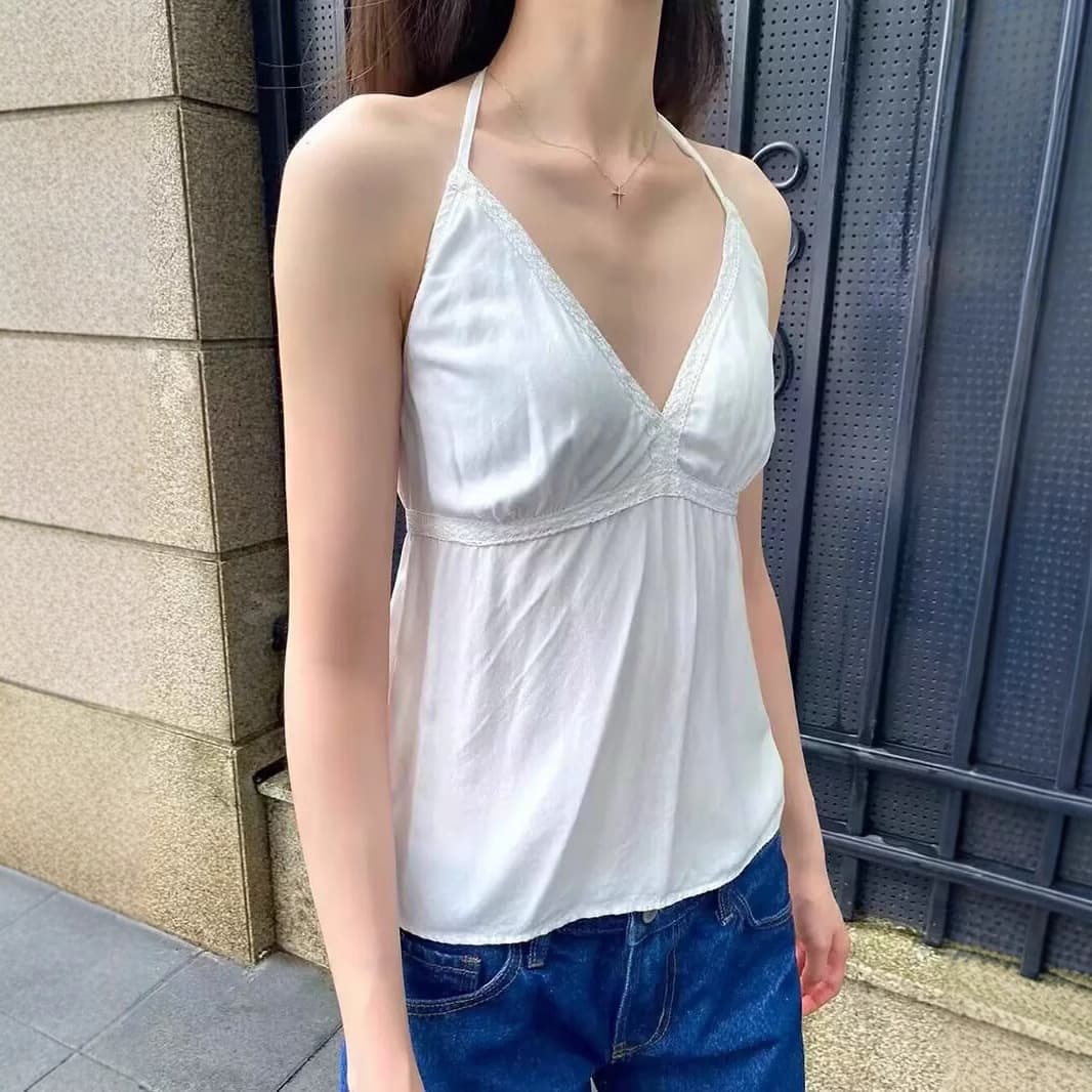 BM Style New Pure and Sweet Double Bow Lace V-Neck Halter Vest Top for Women, Sweet and Versatile Short Top